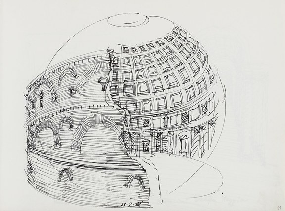 Friedrich Kurrent, Rom, Pantheon, Feder, Tusche, 23.05.1988, Reiseskizzenbuch Nr. 38	