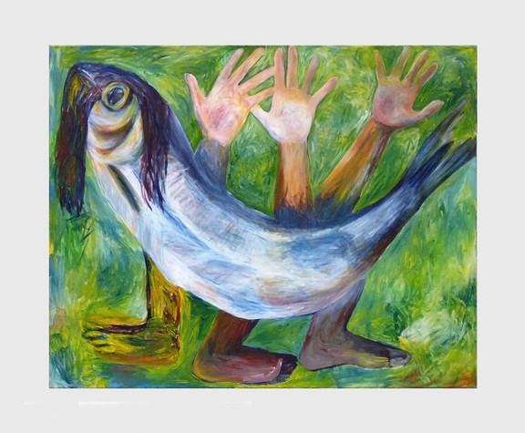 Fish comes out of the water, Rini Mitr, Acryl on canvas, 84 x 100 cm, 2015