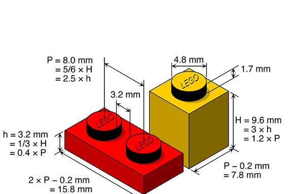Maße von Legosteinen  Bild: CC BY-SA 3.0 Cmglee