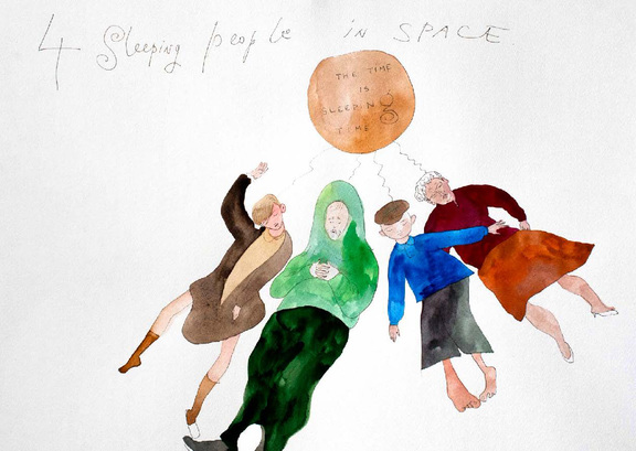 Pavel Pepperstein: 4 people sleeping in space, Wasserfarbe ind Buntstift aug Papier, 2014, Private Sammlung