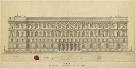 Theophil Hansen, Zweiter Entwurf zum Gebäude der Akademie der bildenden Künste Wien, Hauptfassade, März 1871