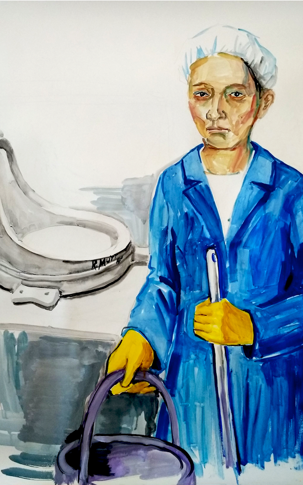 Oksana Briukhovetska, “Cleaning Women”, Tempera and gouache on paper, 2019