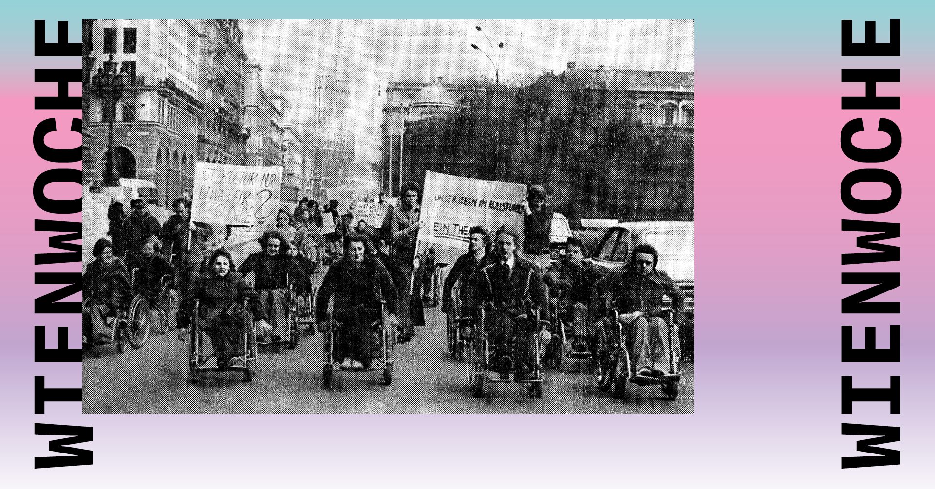 "Protest im Rollstuhl: Gelähmte wollen auch ins Theater" aus Kurier März 1974, Fotograf: Gerhard Zugmann. Quelle:Volker Schönwiese via Archiv Österreichische Nationalbibliothek Wien.
